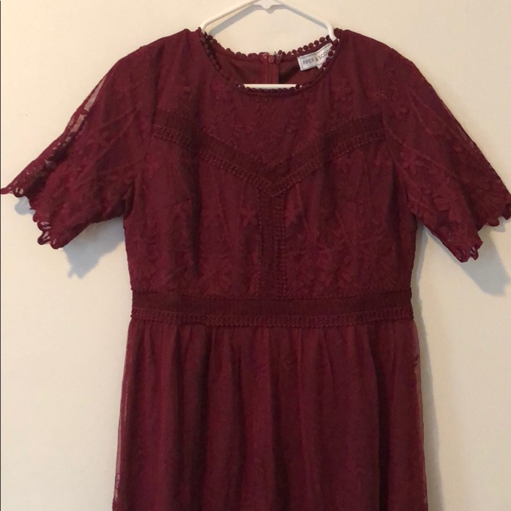 Piper & Scoot Cranberry Lace Embroidered Dress L